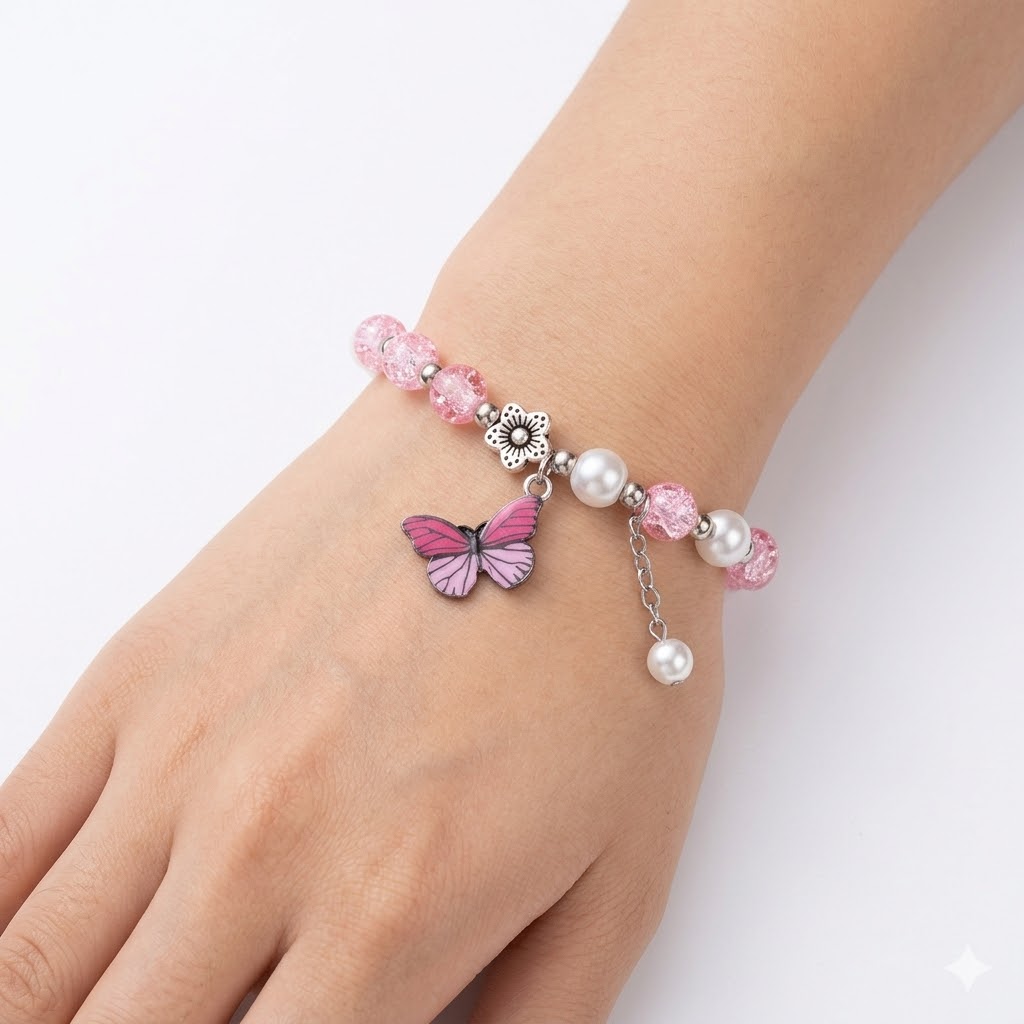 pulsera mariposa transparente rosa